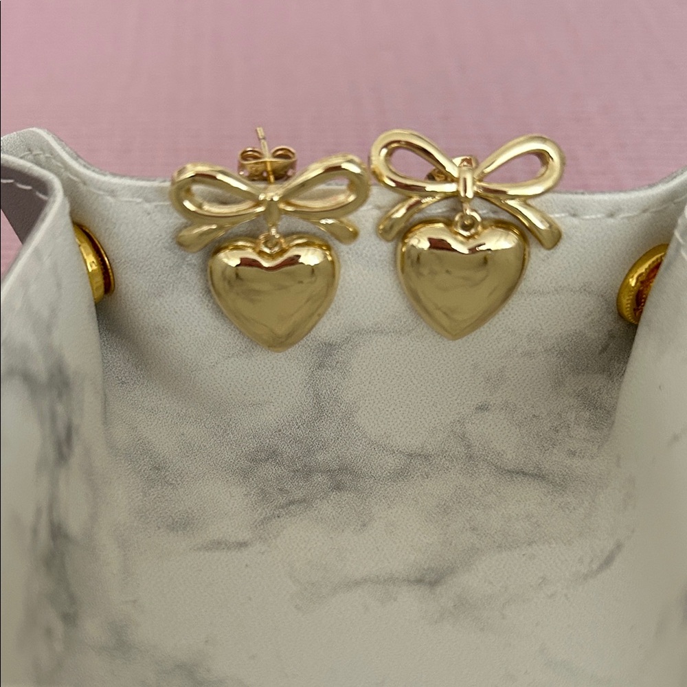 Gold Heart Bow Earrings - Picture 2 of 4